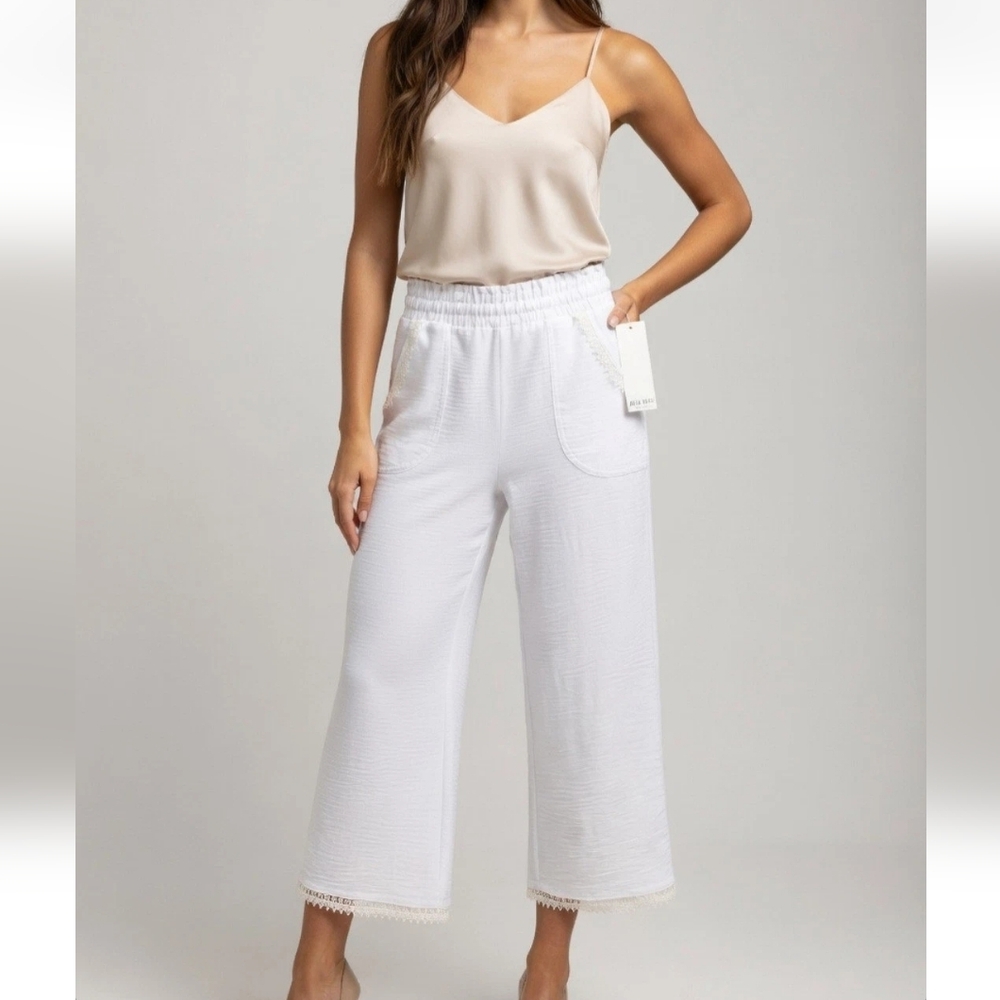 NWT White Gauzy Linen Wide Leg Palazzo Cropped Pants Lace Stretch Beach Boat  S